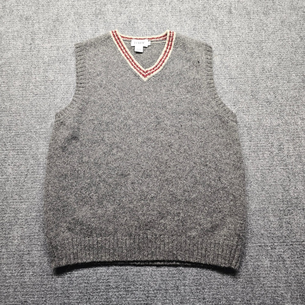J.Crew Mens Small 100% Shetland Wool V-Neck Sweater Vest Grey Red Stripe Trim